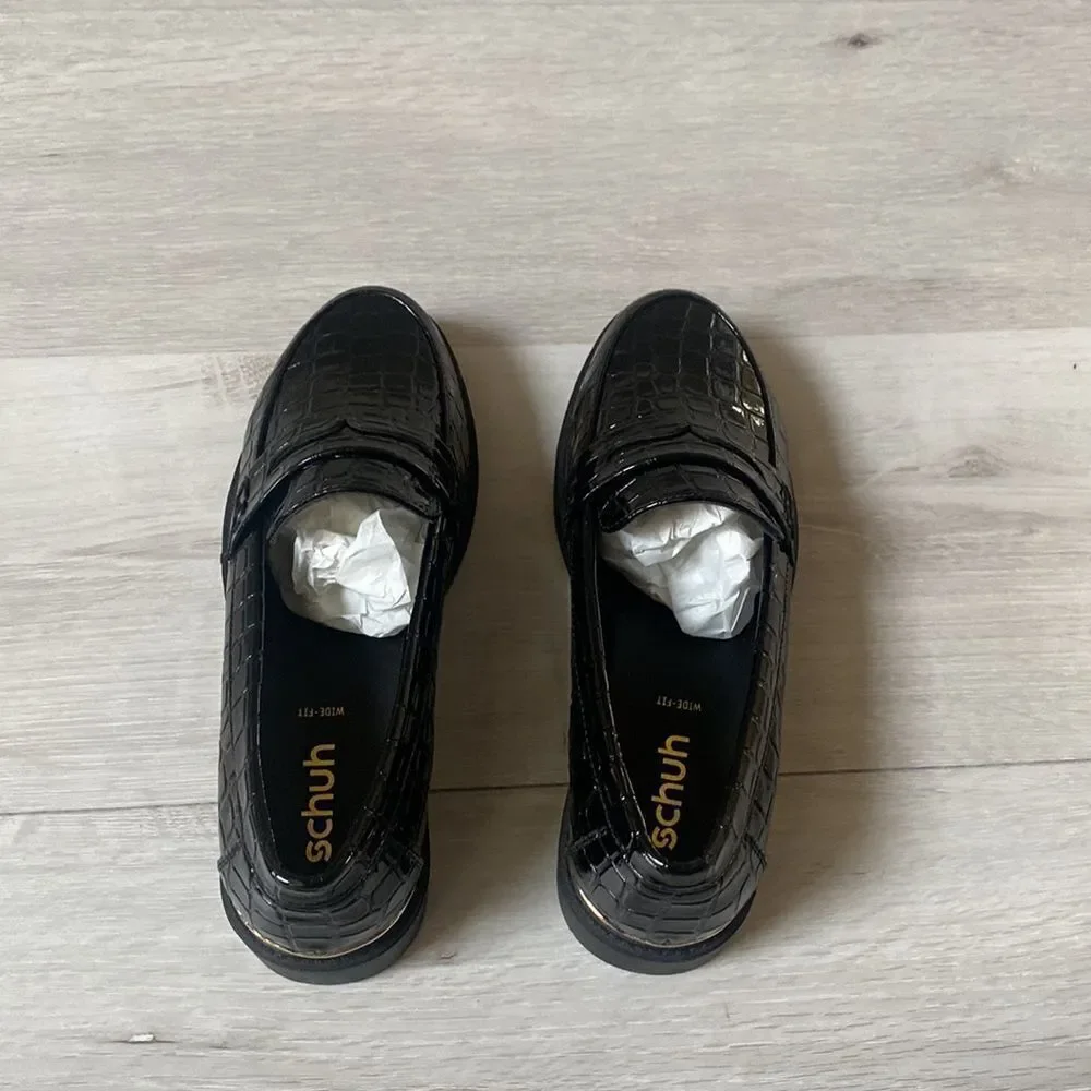 schuh Wide Fit Lenzo loafers in black‎ croc Size